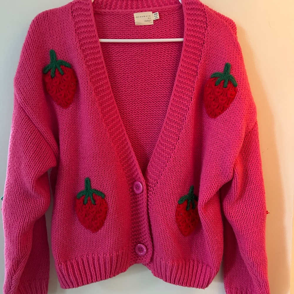 Chic Pink Cardigan with Strawberry Embellishments